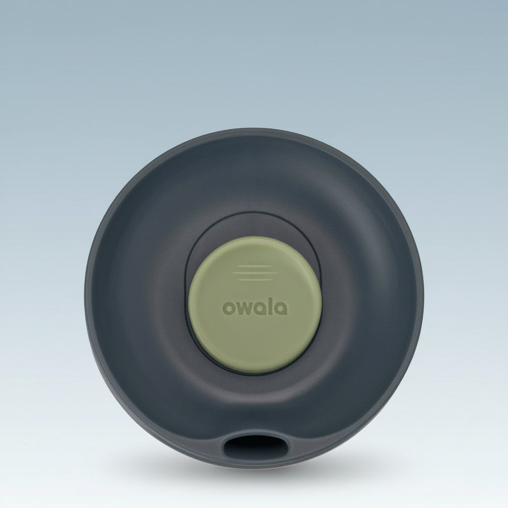 Dark gray and green silicone lid with 'owala' branding on a white background