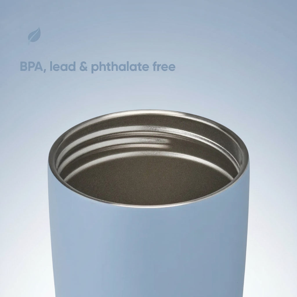 Blue tumbler with a silver lid on a white background, featuring 'BPA, lead & phthalate free' text.