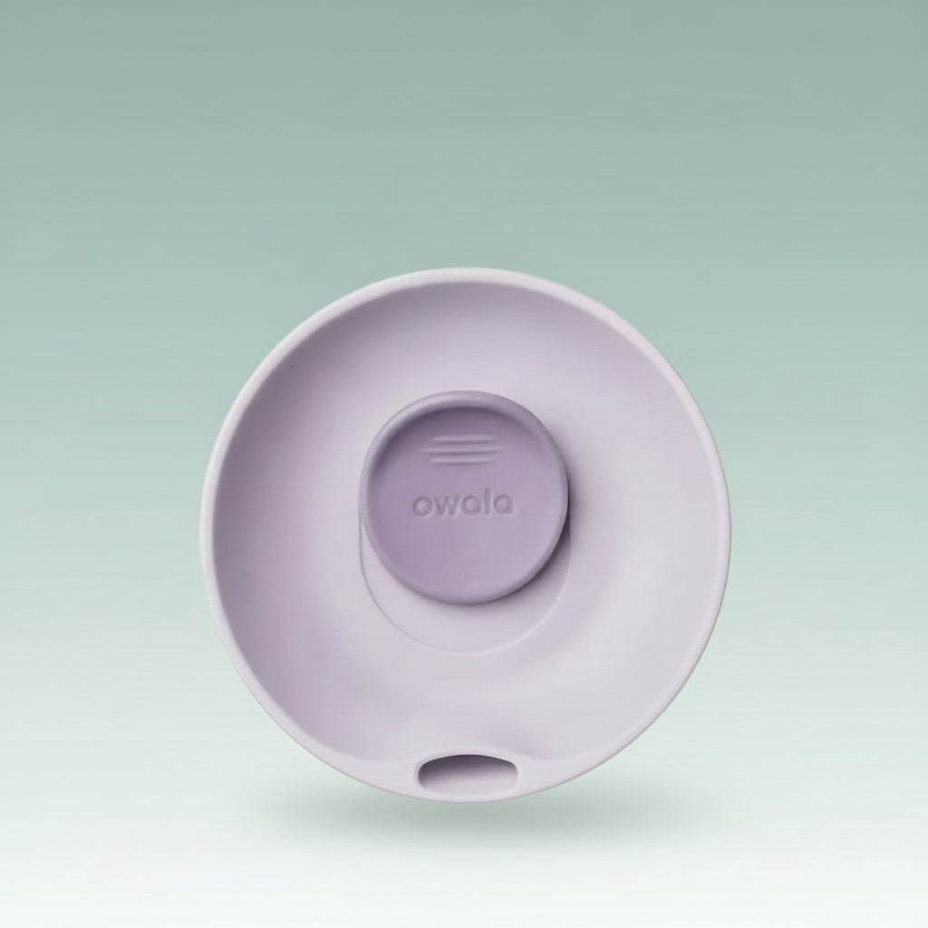Purple and white spherical product with 'owala' branding on a white background