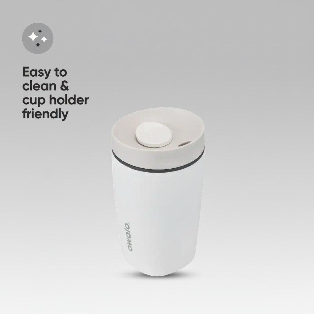 White travel mug with a lid on a white background, featuring text 'Easy to clean & cup holder friendly'.