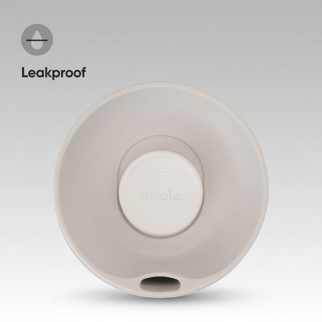 Round gray device with a white circular component, branded 'Leakproof'.