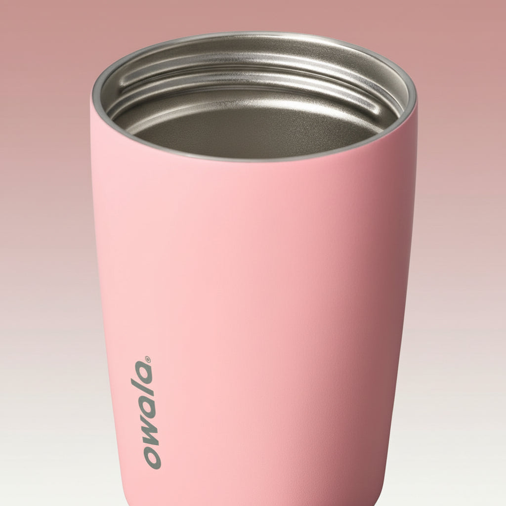 Pink insulated tumbler with silver lid on a white background