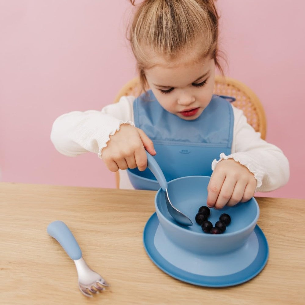 OXO Tot On-The-Go Fork & Spoon blue toddler feeding set with travel case