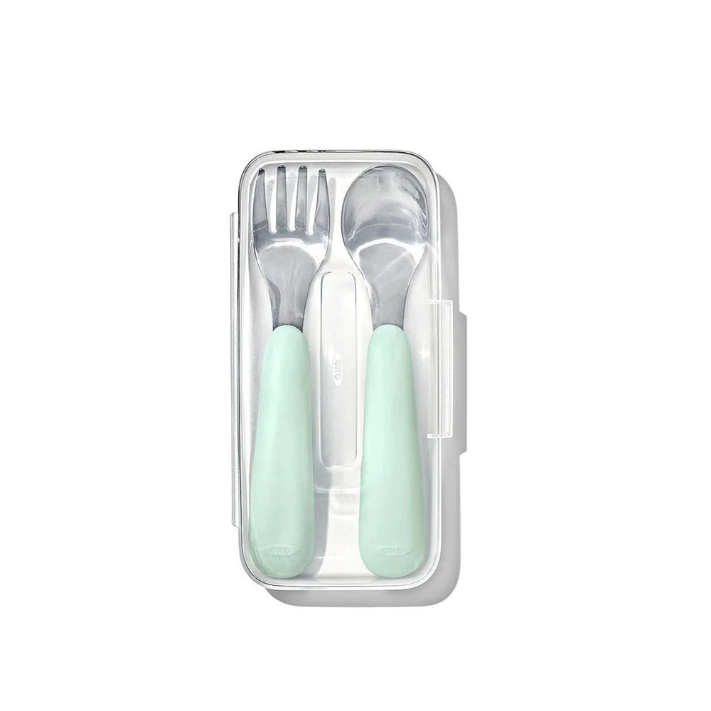 OXO Tot On the Go fork and spoon set with mint green handles in travel case