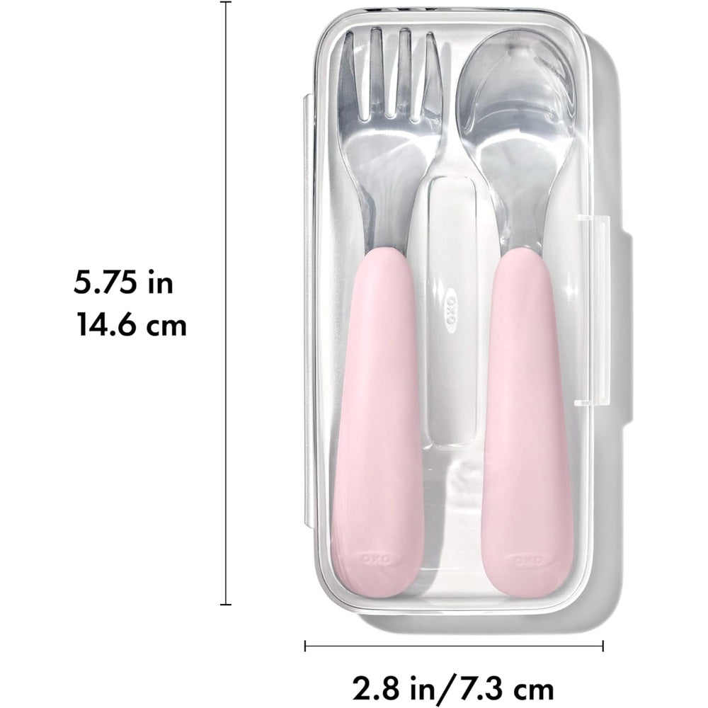 OXO Tot On the Go fork and spoon set with pink handles in a clear travel case (2 pieces)