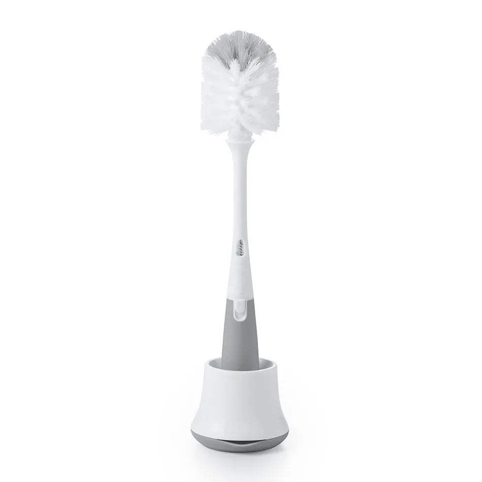 OXO Tot soap-dispensing bottle brush with stand in white and gray