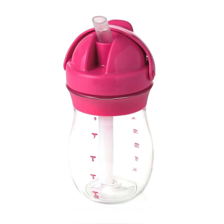 OXO Tot Transitions 9 oz pink straw cup with built-in straw for toddlers