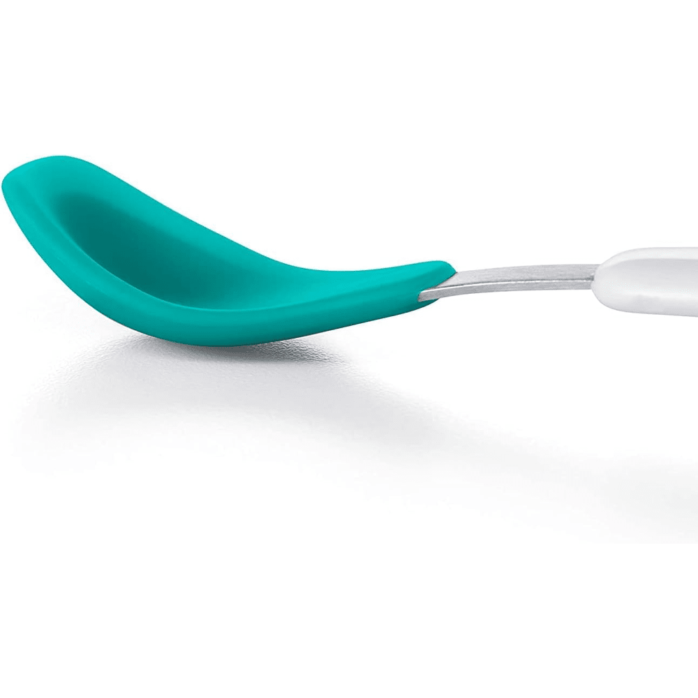 Oxo Tot Travel Feeding Spoon teal with white handle for on-the-go baby feeding