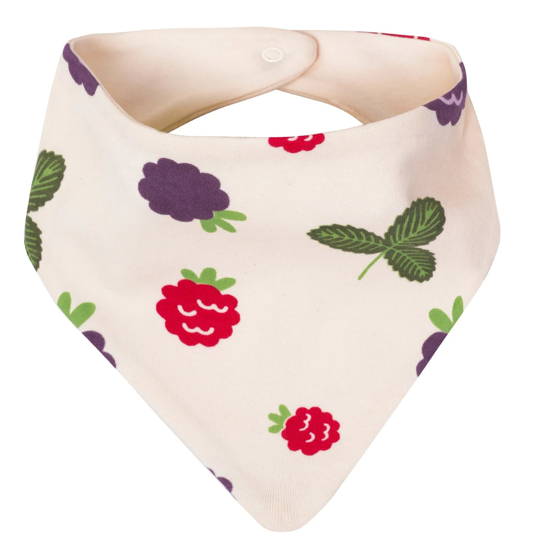 Parade Blackberries organic cotton bandana bib with a berry print, snap closure and solid reverse.