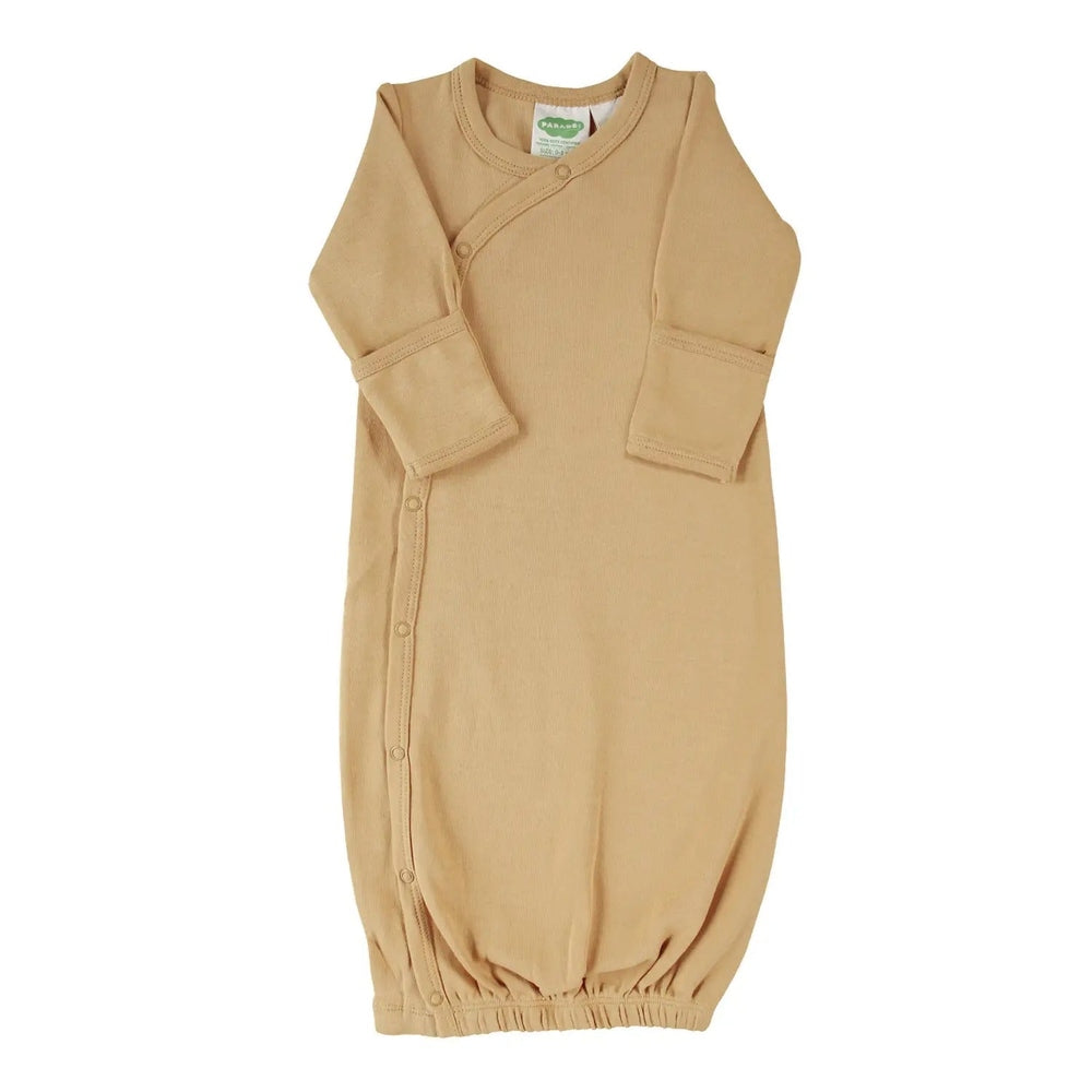 Parade Organic Gowns Essentials Basics Gown in Beige with long sleeves, side snap closures, and elastic bottom.