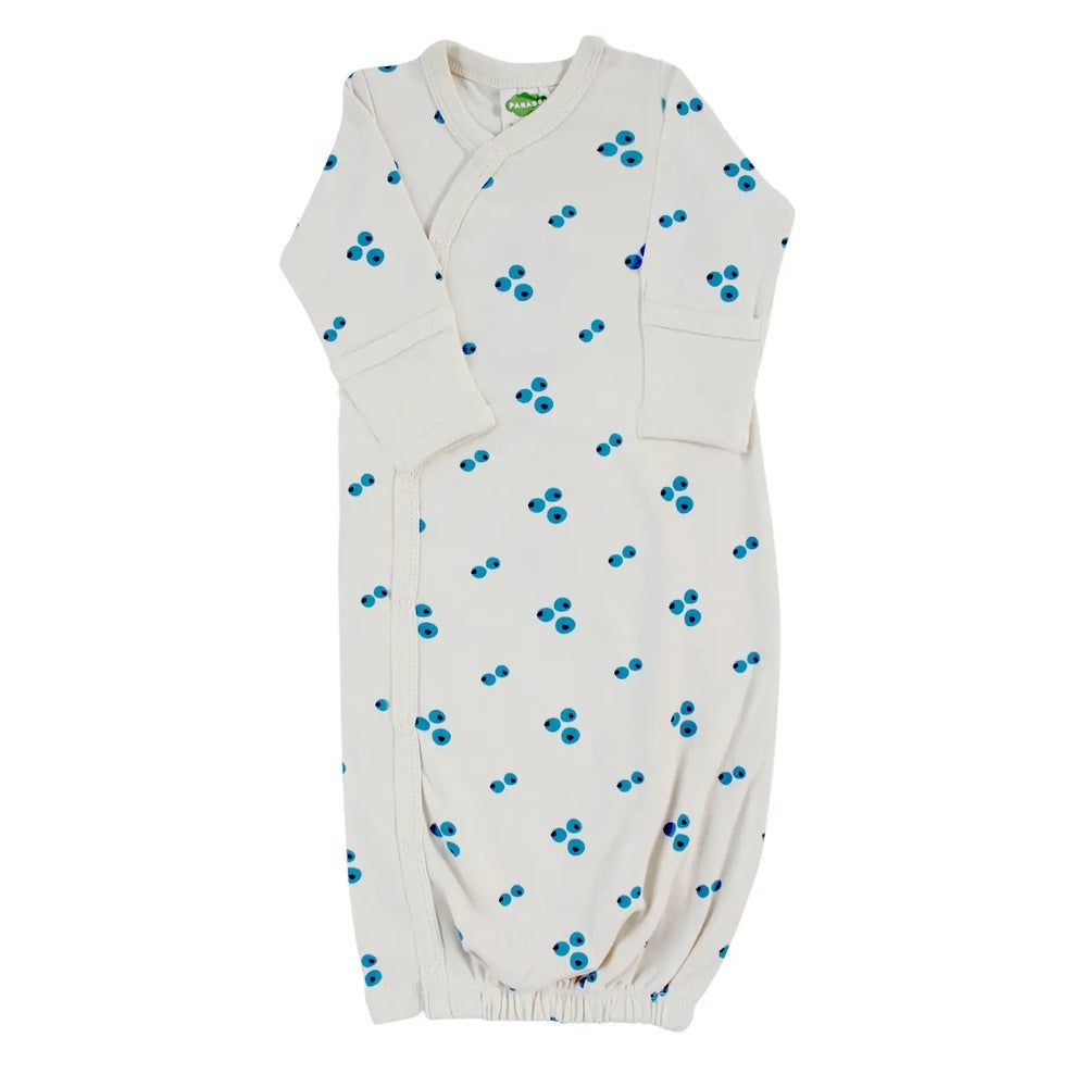 Parade Organic Gowns Signature Prints in Cream with blue dot clusters.