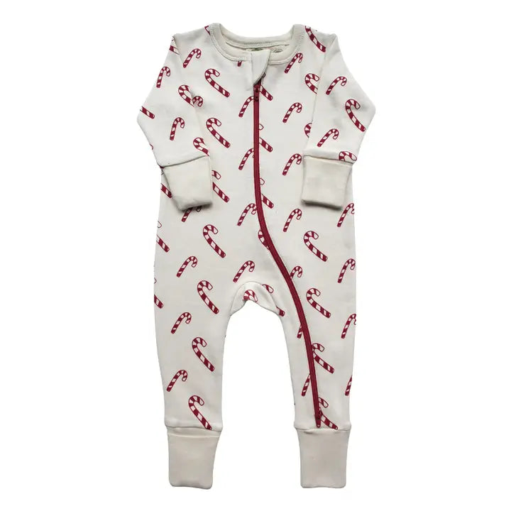 PARADE Parade Organic Signature Print 2-Way Zip Romper, white with red candy cane print and diagonal zipper.