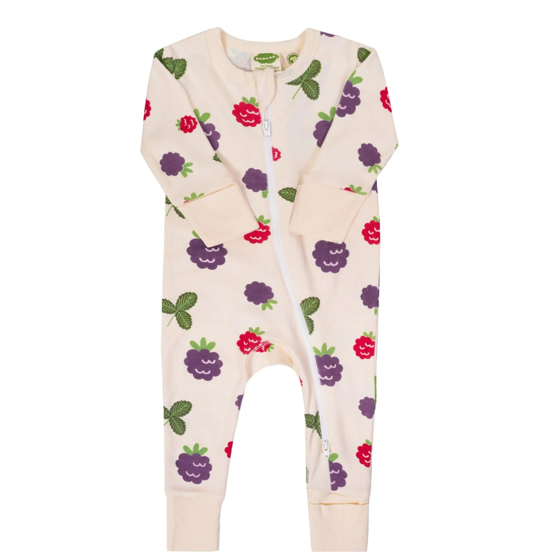 Parade Blackberries organic two-way zip romper with a colourful berry and green leaf print.