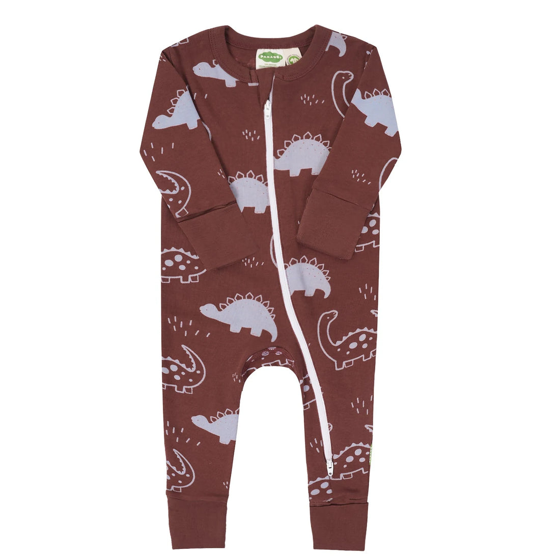 Parade Chocolate Dinosaurs organic two-way zip romper with long sleeves and a brown dinosaur print.