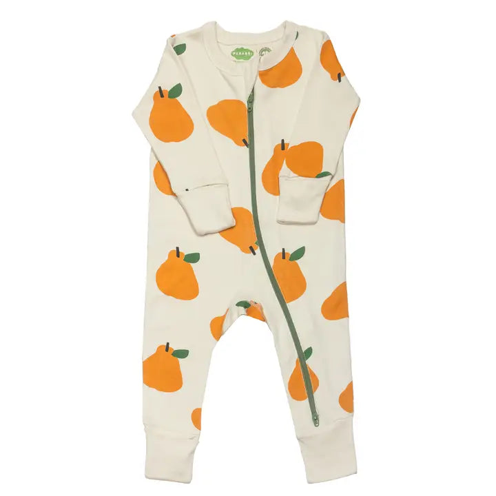 PARADE Organic Signature Print 2-Way Zip Romper in cream with orange pears; diagonal zipper opens from neck to leg.