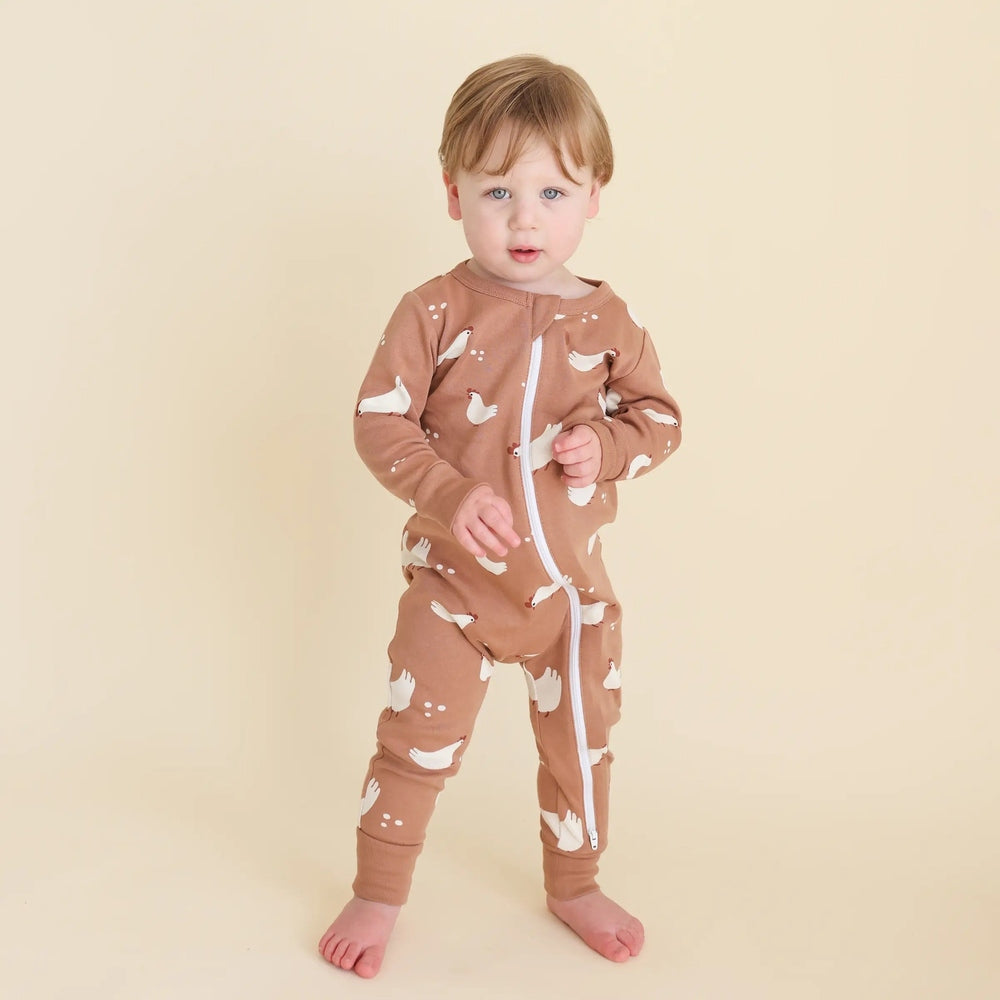 Parade Organic Signature Print Romper in Tan with white duck print, 2-way zip
