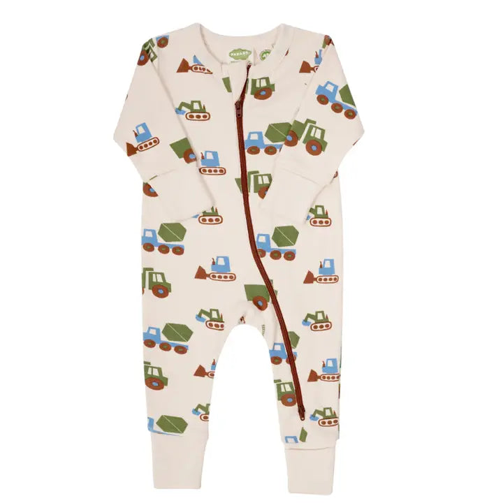 Parade Organic Signature Print 2-Way Zip Romper in cream with colorful tractor print, front-zip shown on a standing baby.