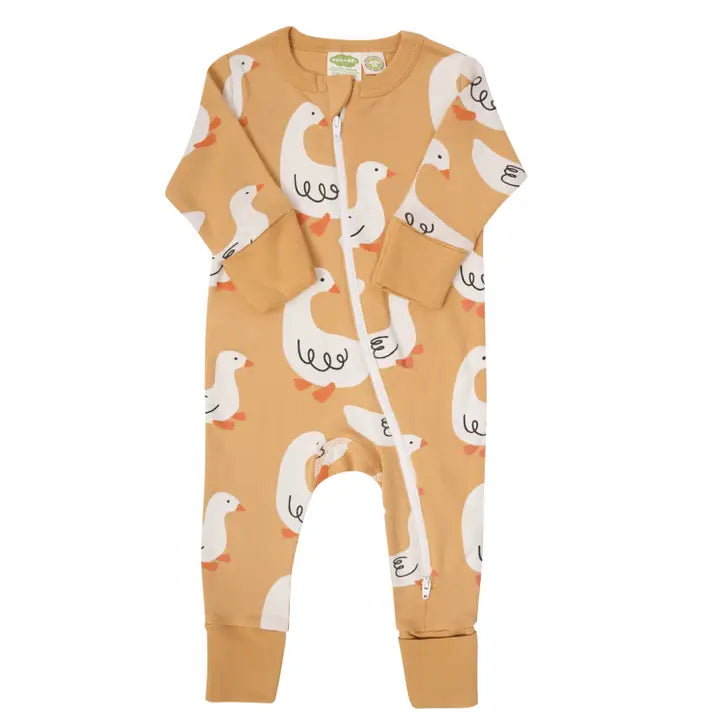 Parade Organic Signature Print 2-Way Zip Romper in orange with white bird pattern, front zip for easy changing.