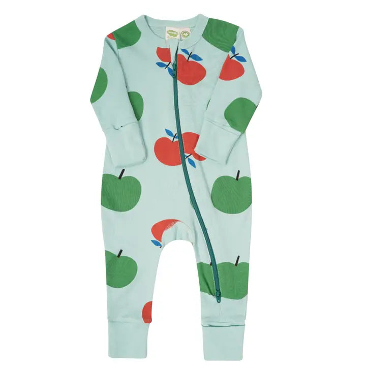 Parade Organic Signature Print 2-Way Zip Romper in mint apple print with diagonal front zipper for easy changes.