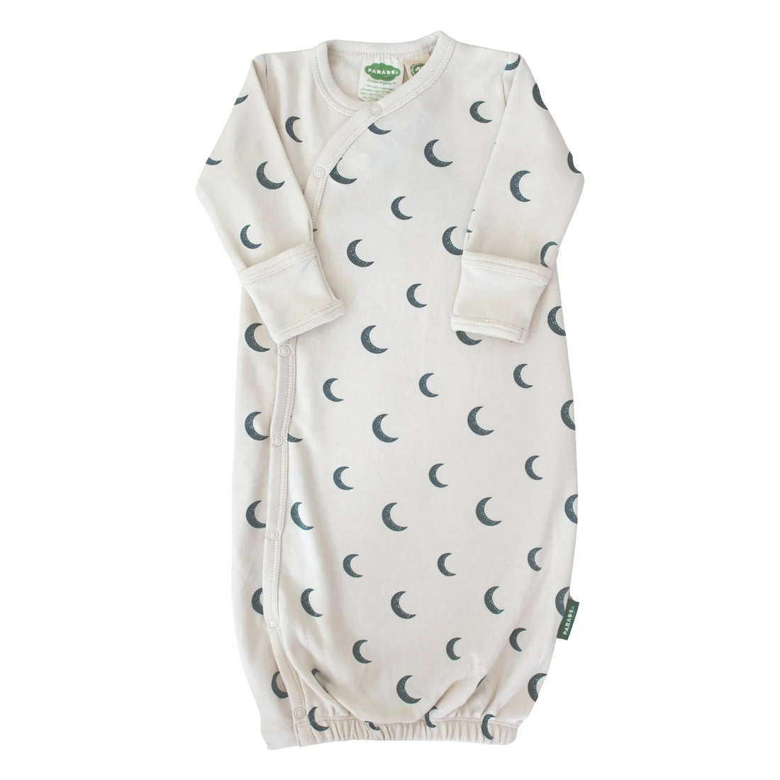 Parade Blue Moons organic baby wrap gown with crescent print, side snaps and an elasticized hem.