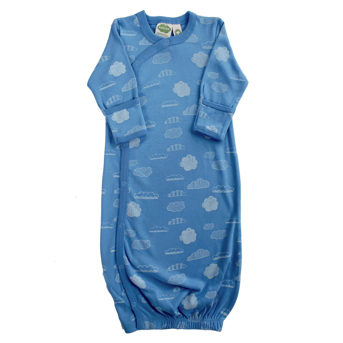Parade White Clouds organic baby wrap gown with a blue cloud print and elasticized hem.