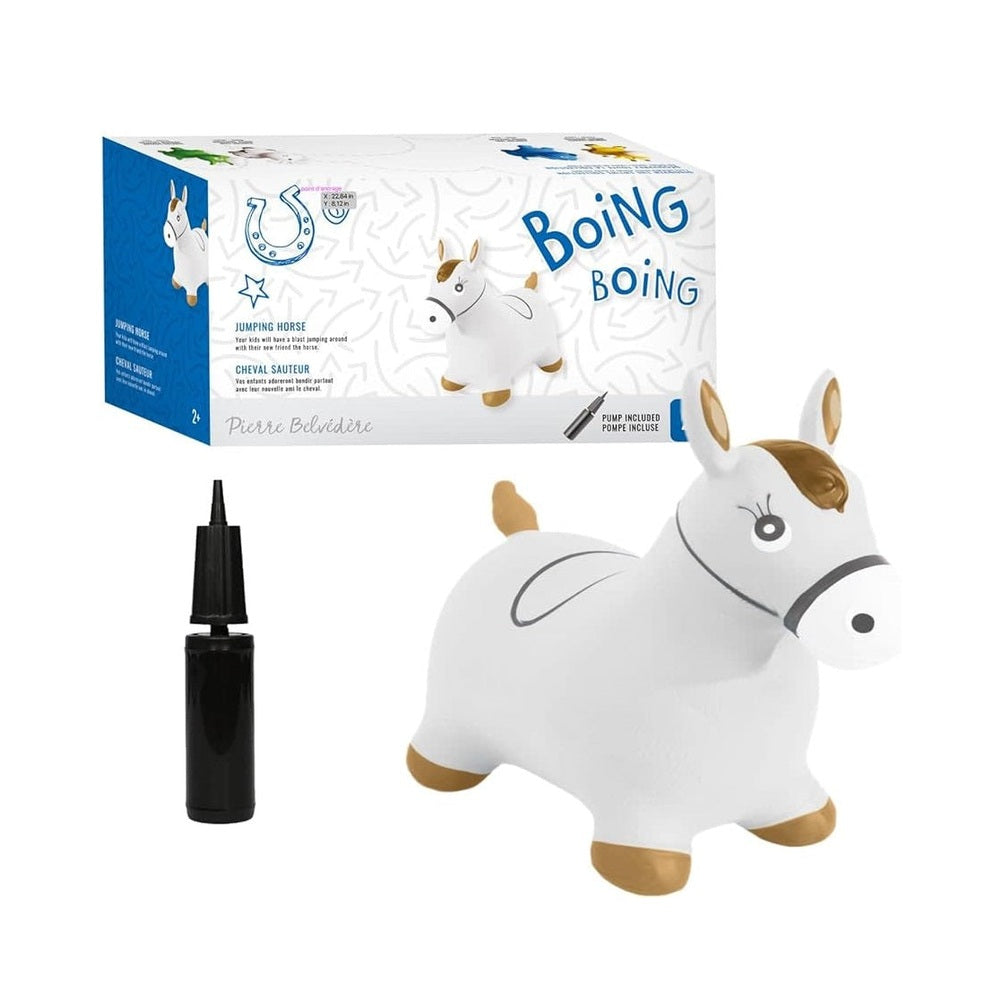 PBI Junior Jumping Toy Horse with pump; white riding horse with brown mane and hooves
