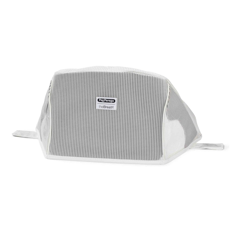 Peg Perego Breath Canopy for Car Seat in white mesh, shown expanded with breathable panels for airflow.