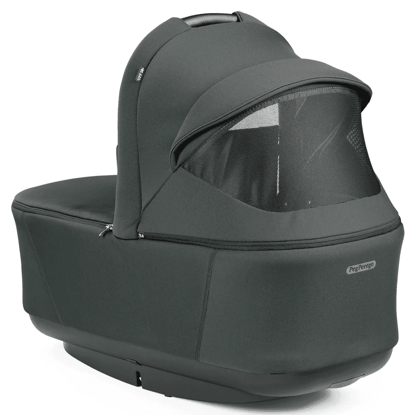 Peg Perego City Loop Stroller Bassinet with Stand in dark gray, showing a breathable mesh window for ventilation.