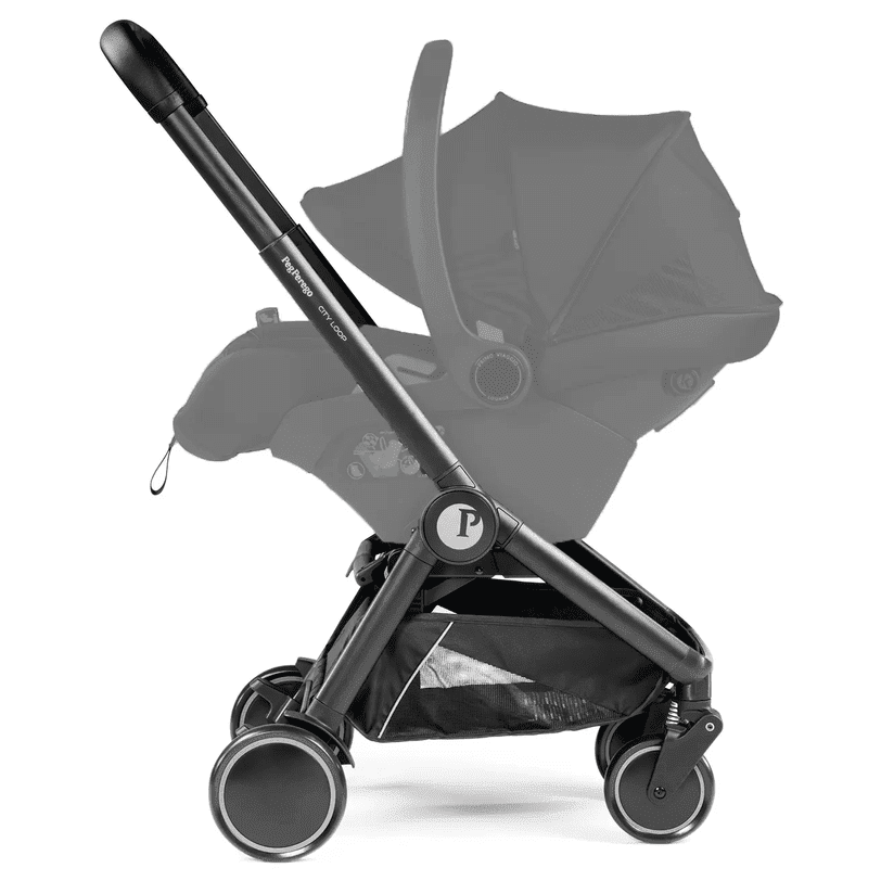 Peg Perego City Loop Stroller Chassis in black, showing adjustable handle and four-wheel frame with bassinet attached.