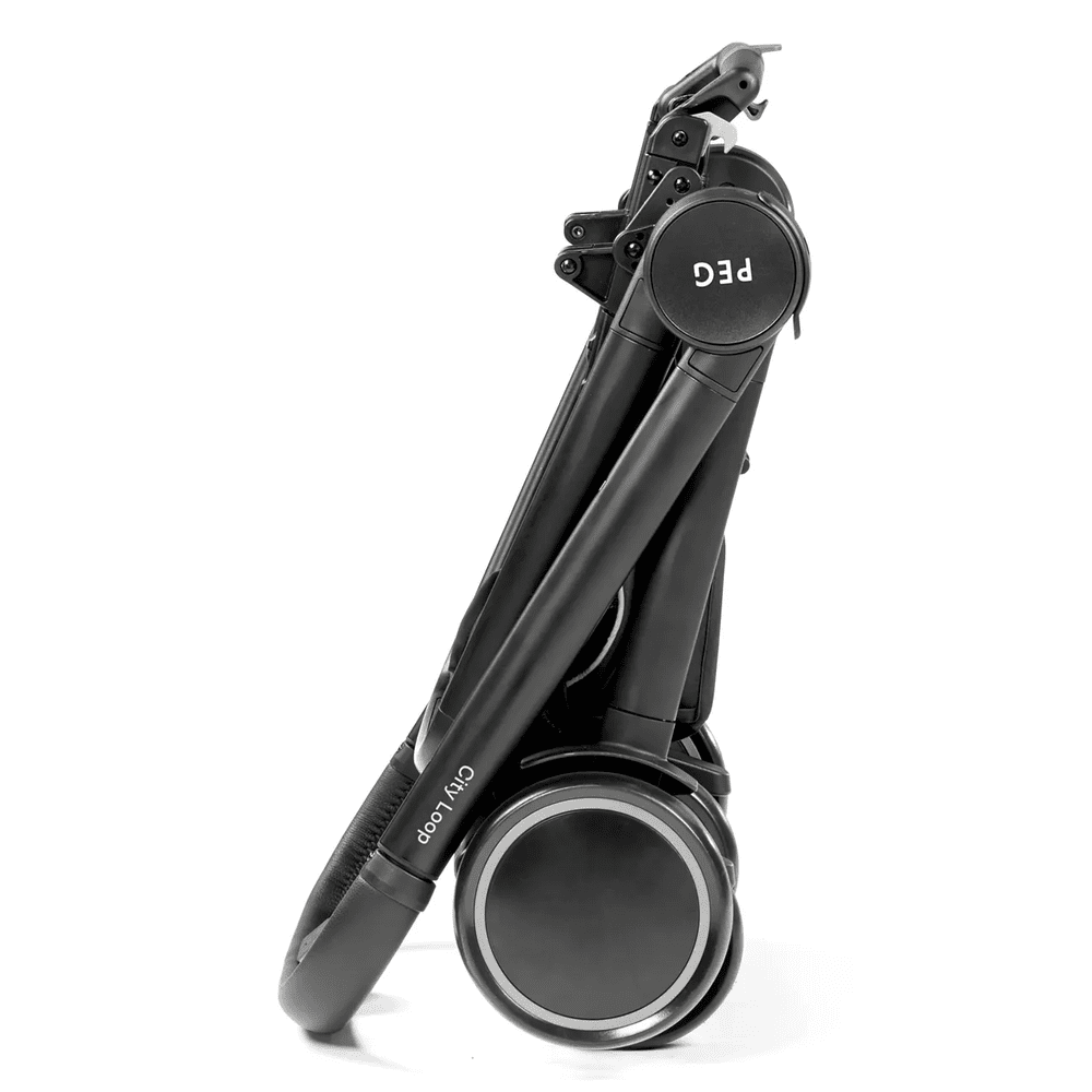Peg Perego City Loop Stroller Chassis folded for compact storage, black frame with wheels visible.
