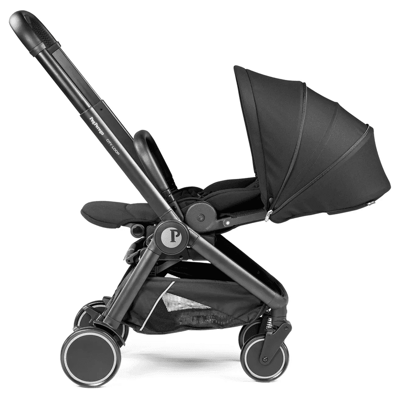 Peg Perego City Loop Stroller Seat in black with extended canopy and four wheels, ready for stroll.