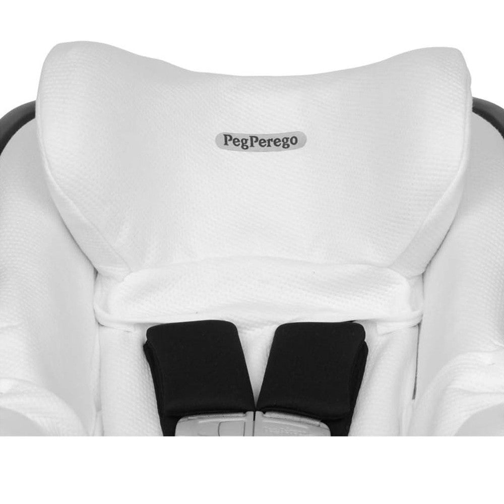 Peg Perego Clima Cover Primo Viaggio-Lounge car seat cover in white, showing padded headrest and harness straps.