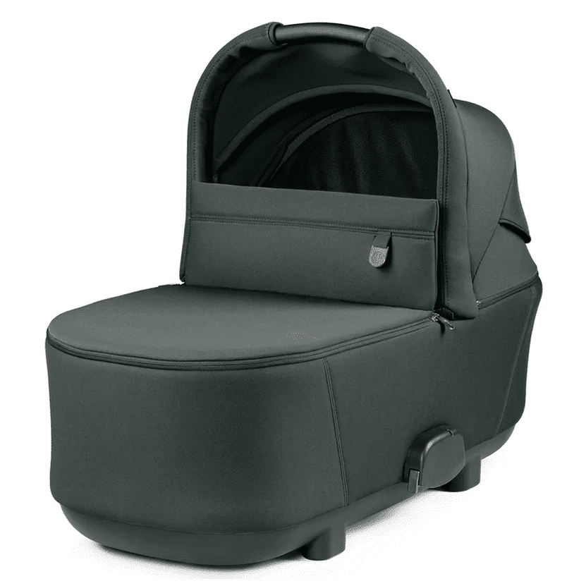 Peg Perego Culla Flex Bassinet with stand in dark gray fabric, secure hood, broad base.