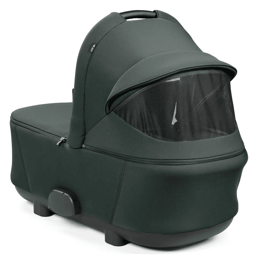 Peg Perego Culla Flex Bassinet w/stand in dark green with canopy, mesh window and stable base.