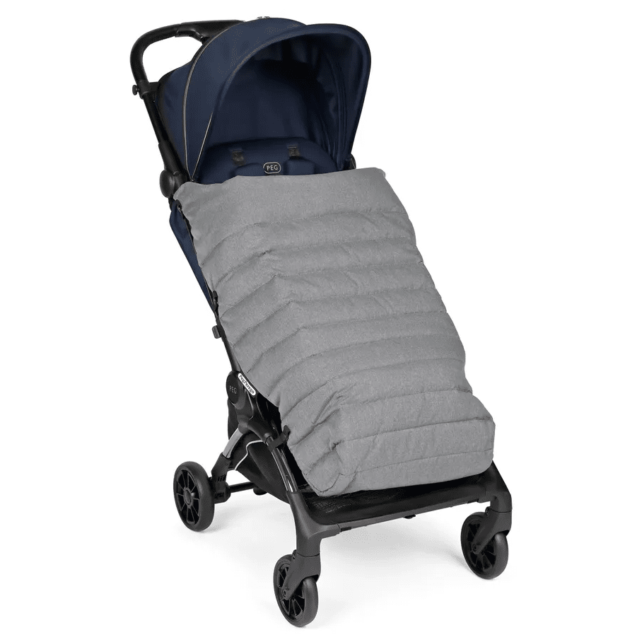 Peg Perego Foot Muff in grey fleece attached to navy stroller, keeping baby cozy on rides.