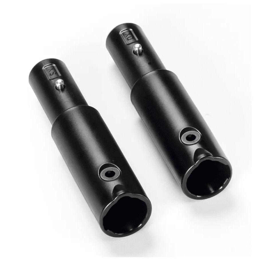 Peg Perego Handle Extensions in black, cylindrical tubes with mounting holes, shown ready to install on a stroller.