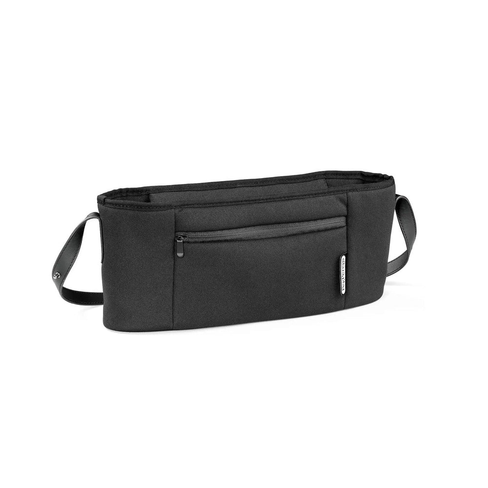 Peg Perego Organizer, black stroller organizer with front zip pocket and straps attached to a stroller handle.