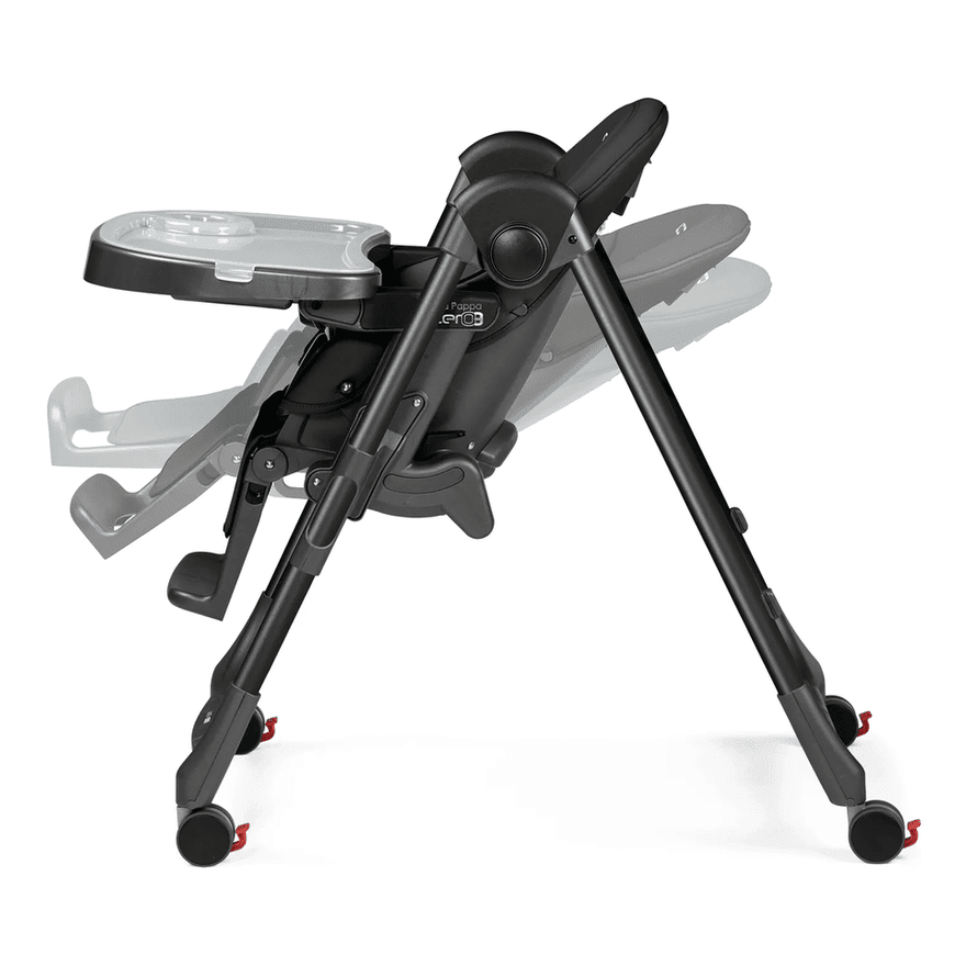 Peg Perego Prima Pappa Zero 3 high chair in black, featuring foldable legs and detachable tray.