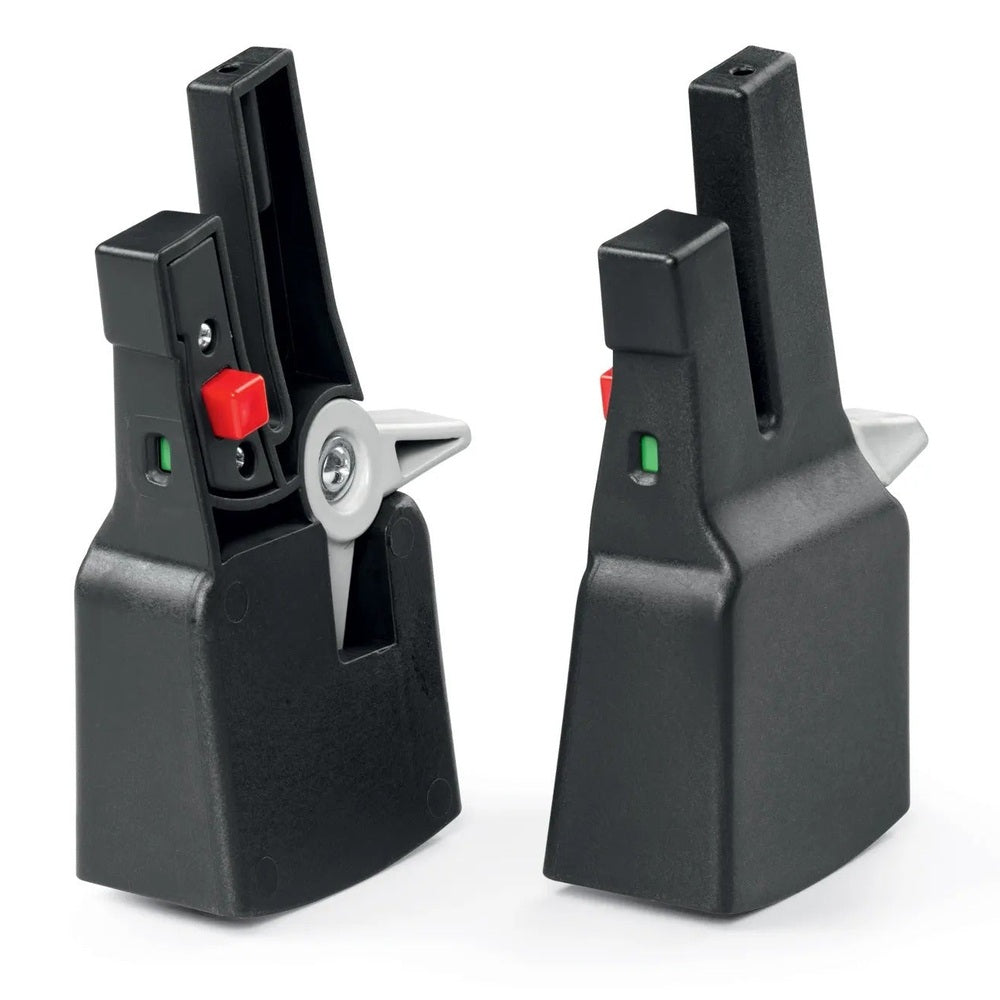Peg Perego Primo Viaggio Adapter/Links Universal car seat adapters in black, shown with red lock and green indicators.