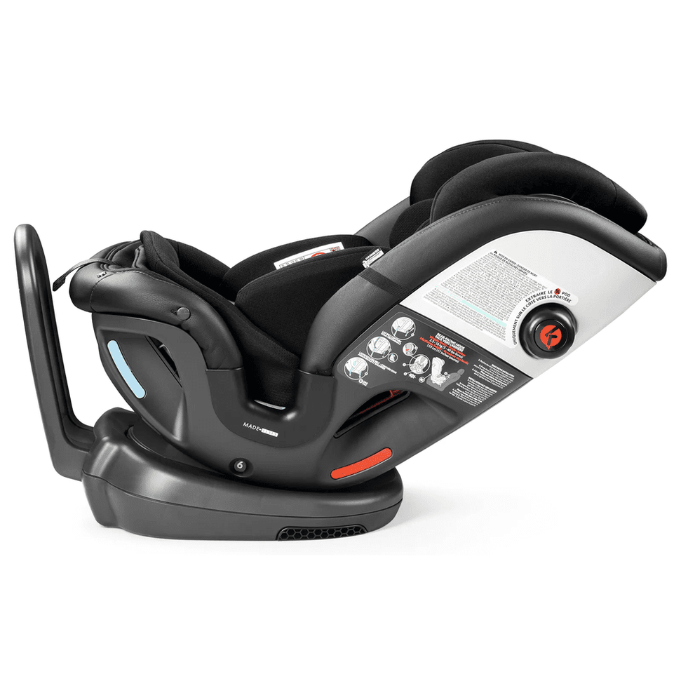 Peg Perego Primo Viaggio All In One Car Seat in black, securely mounted on its base with visible recline indicator.