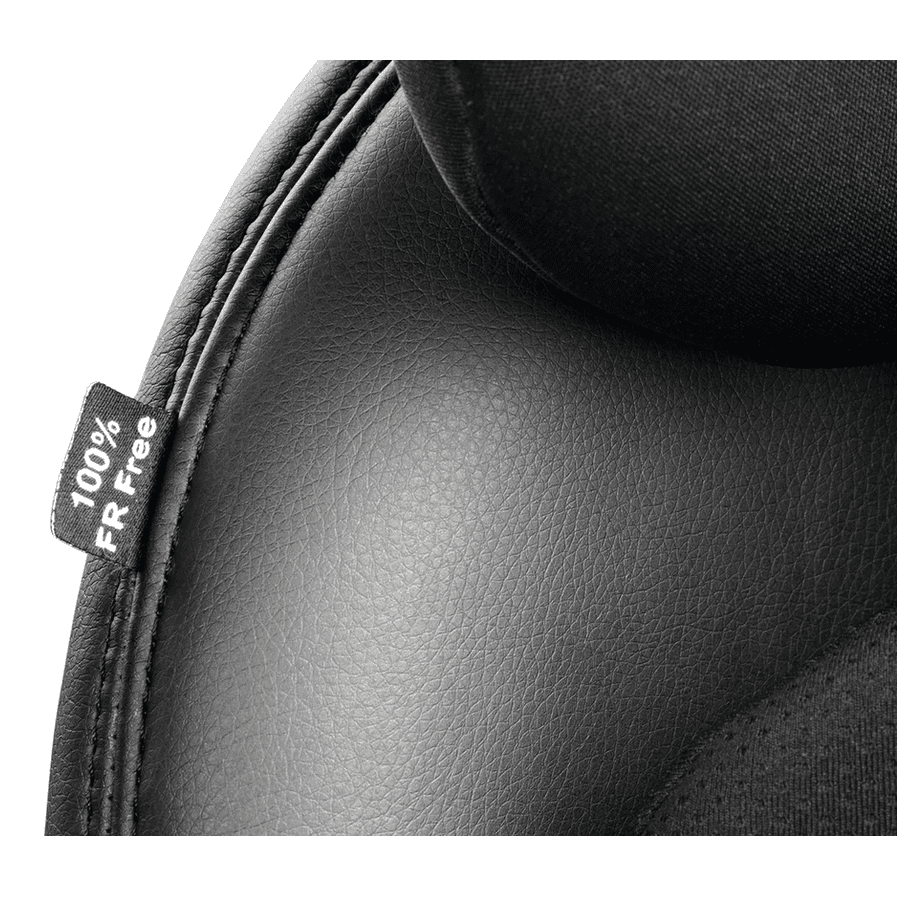 Peg Perego Primo Viaggio All In One Car Seat in black with FR-free fabric tag visible along seam.