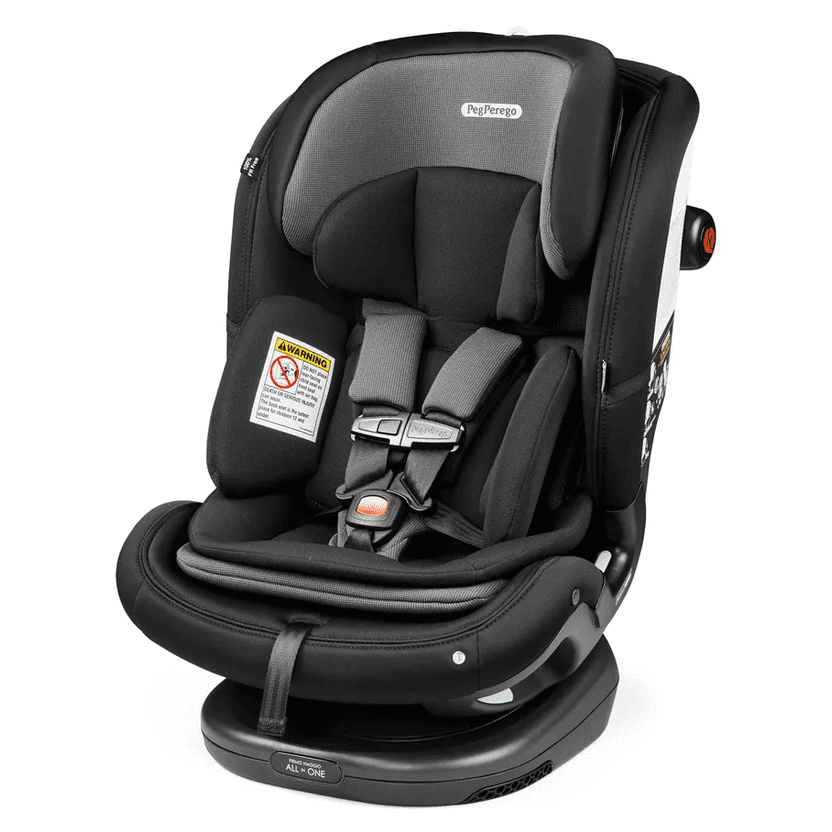 Peg Perego Primo Viaggio All In One Car Seat in black/gray with base attached and five-point harness buckled.