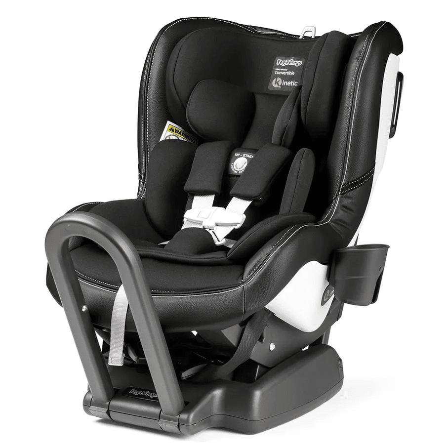 Peg Perego Primo Viaggio Convertible Car Seat Kinetic in black, securely mounted on base with 5-point harness fastened.