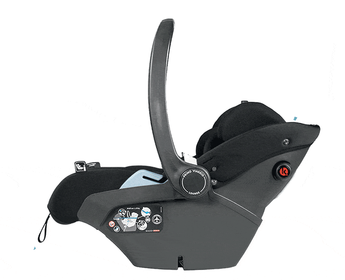 Peg Perego Primo Viaggio Lounge Infant Car Seat in charcoal gray with raised carrying handle and visible recline mechanism