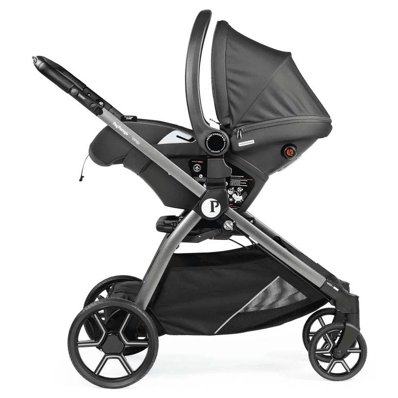 Peg Perego Primo Viaggio Lounge Infant Car Seat Recline mounted on a sleek gray stroller, showcasing recline capability.