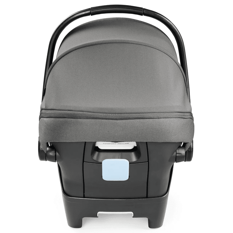 Peg Perego Primo Viaggio Lounge Infant Car Seat in gray with recline, curved carry handle, and base.