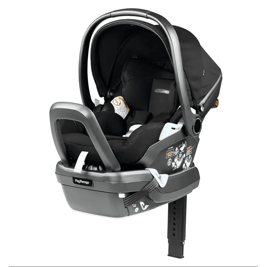 Peg Perego Primo Viaggio Lounge Infant Car Seat in black, showing a reclining base and ergonomic carry handle.