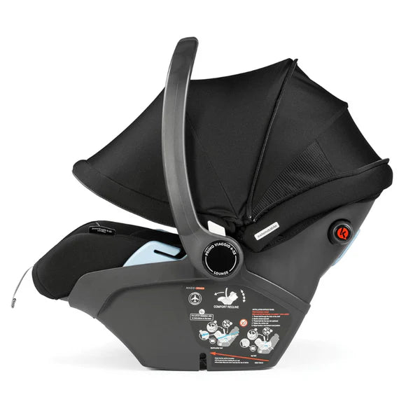 Peg Perego Primo Viaggio Lounge on wheels Infant Car Seat & Stroller Bundle in black, canopy extended on the Vivace chassis