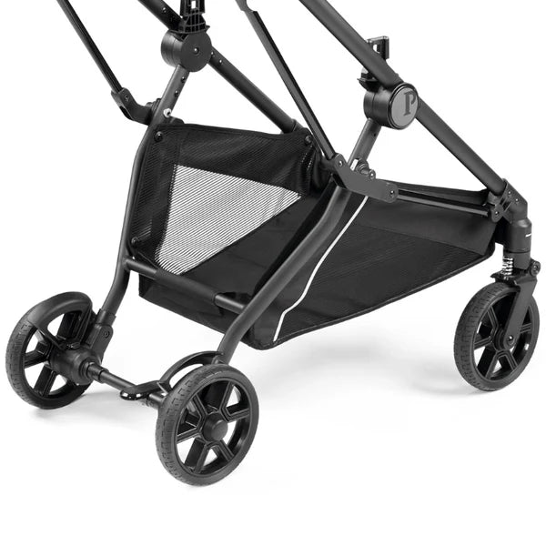 Peg Perego Primo Viaggio Lounge on wheels infant car seat and stroller bundle on Vivace chassis, showing mesh storage basket and four wheels.