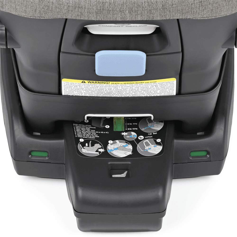 Peg Perego Primo Viaggio Nido infant car seat base in black with blue release handle and install decals.